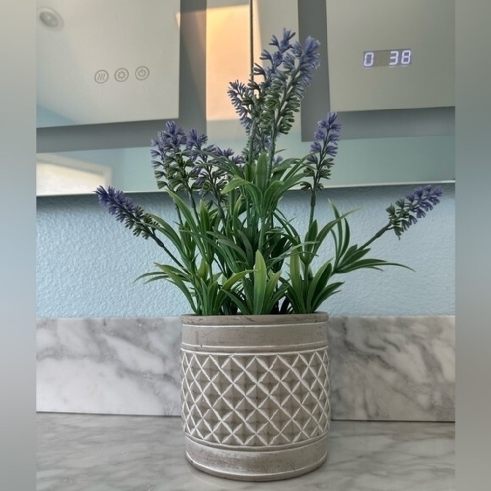 Artificial Lavender Plant White Cement Planter 12" Indoor Outdoor Faux Floral VG - Picture 3 of 5